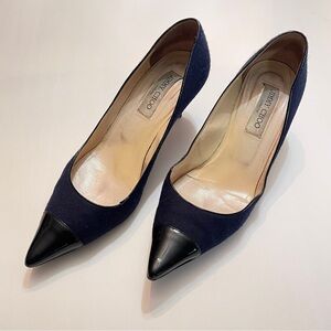 Jimmy Choo Rene 65 Cap-Toe Pumps Navy Blue Suede / Black Patent Leather 40 1/2